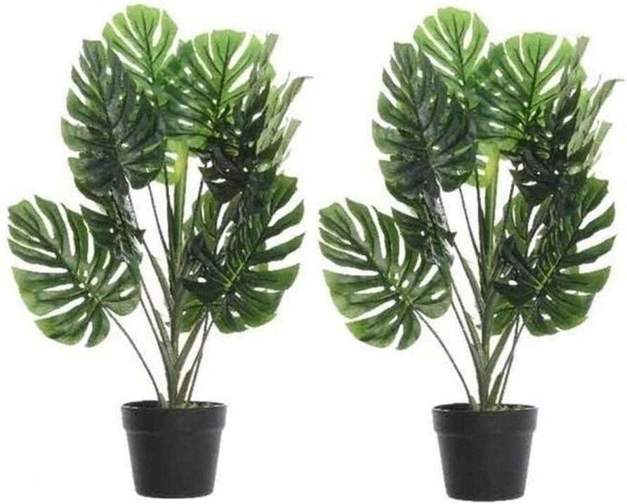 Shoppartners 2x Groene Monstera gatenplant kunstplant 80 cm in zwarte pot Kunstplanten