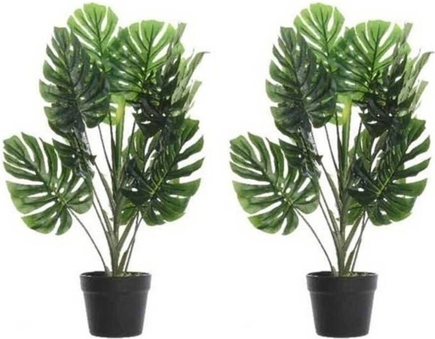 Shoppartners 2x Groene Monstera gatenplanten kunstplanten 80 cm in zwarte pot Kunstplanten