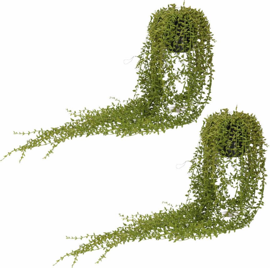 Shoppartners 2x Groene Senecio erwtenplant kunstplanten 70 cm in hangende pot Kunstplanten