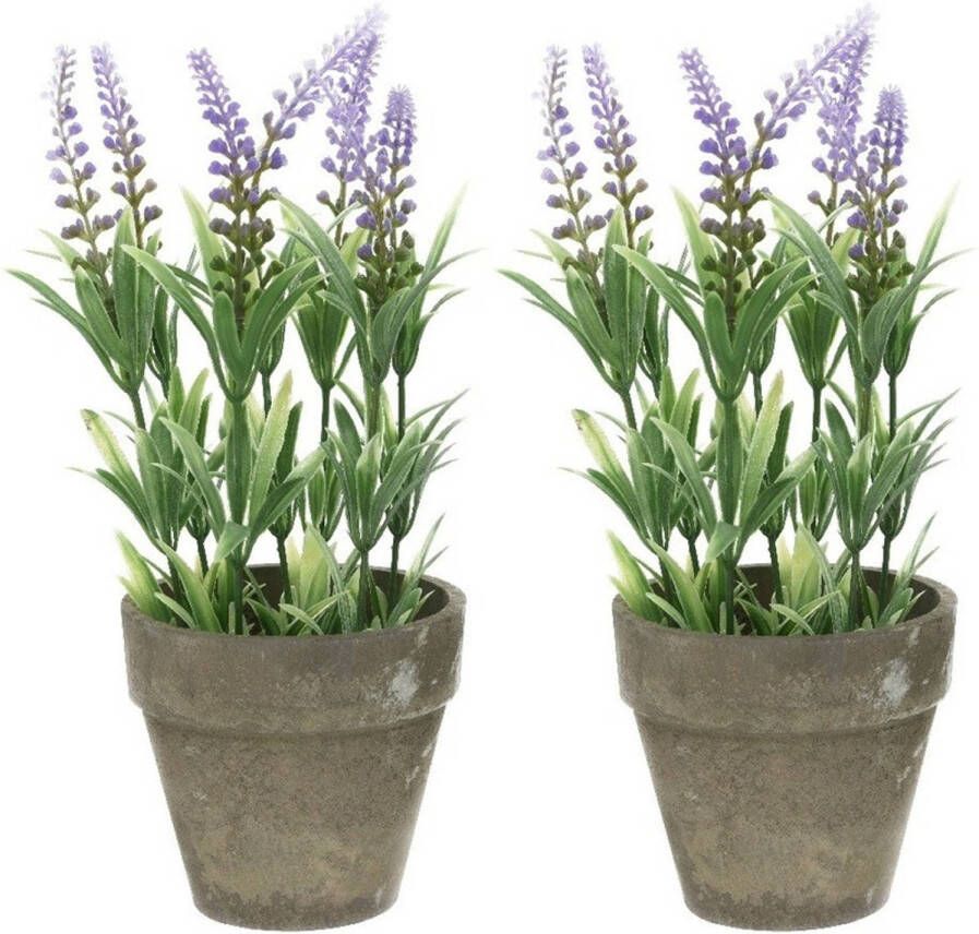 Merkloos 2x Groene lilapaarse Lavandula lavendel kunstplanten 25 cm met grijze beton pot Kunstplanten