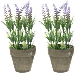 Shoppartners 2x Groene lilapaarse Lavandula lavendel kunstplanten 25 cm in po Kunstplanten