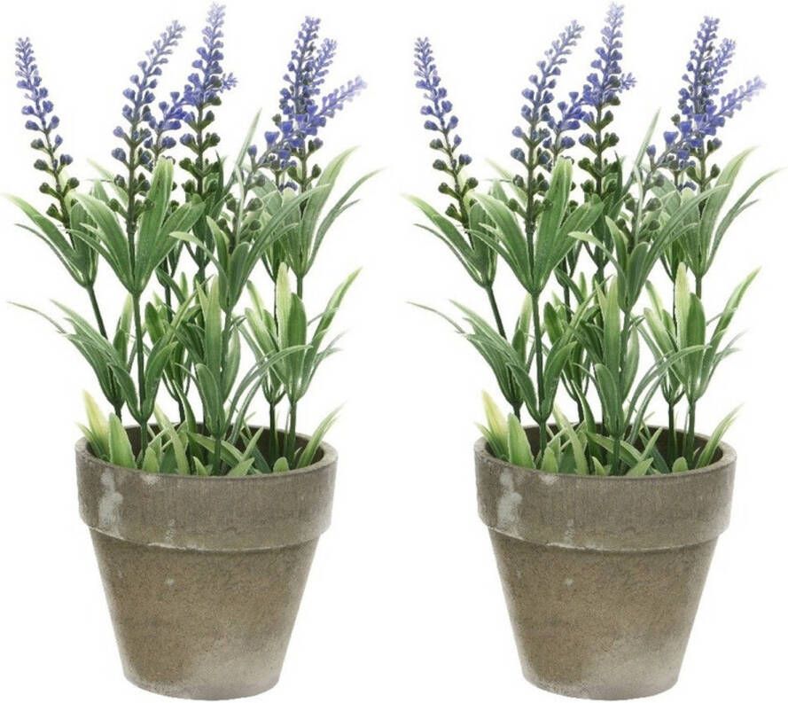 Shoppartners 2x Groene paarse Lavandula lavendel kunstplant 25 cm in betonpot Kunstplanten