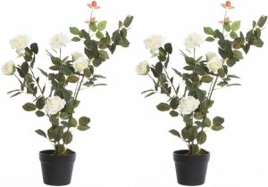 Merkloos 2x Groene witte Rosa rozenstruik kunstplanten 80 cm in zwarte plastic pot Kunstplanten nepplanten Kunstplanten