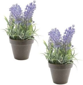 Shoppartners 2x Groen paarse Lavendula lavendel kunstplanten 17 cm zwarte pot Kunstplanten