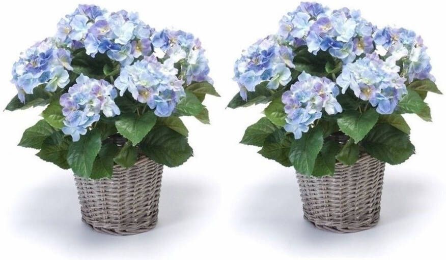 Shoppartners 2x Kunstplant blauwe Hortensia in mand 45 cm Kunstplanten nepplanten