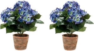 Shoppartners 2x Kunstplant Hortensia Blauw Oude Ronde Terracotta Pot 37 Cm Kunstplanten