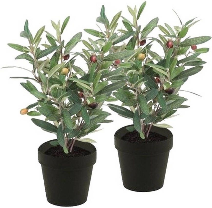 Shoppartners 2x Kunstplant olijfboompje groen in zwarte pot 35 cm Kunstplanten