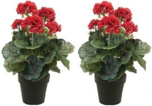 Shoppartners 2x Kunstplanten Geranium Rood In Zwarte Pot 35 Cm Kunstplanten