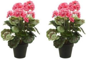 Shoppartners 2x Kunstplanten Geranium Roze In Zwarte Pot 35 Cm Kunstplanten