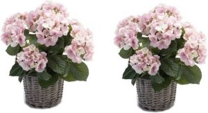 Merkloos 2x Kunstplanten Hortensia roze in rieten mand 45 cm Kamerplanten roze Hortensia woondecoratie Kunstplanten