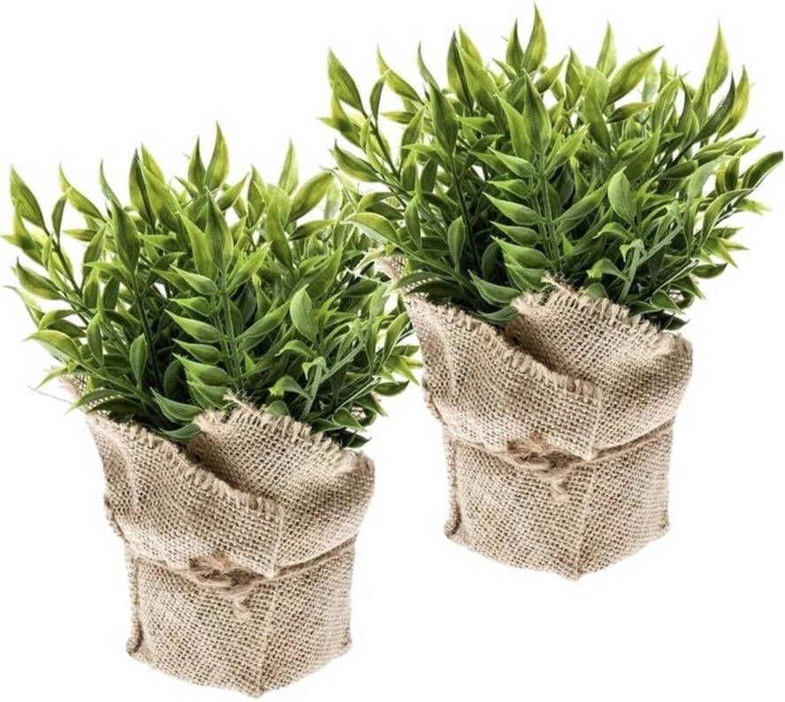 Shoppartners 2x Kunstplanten muizendoorn kruiden groen in jute pot 20 cm Kunstplanten