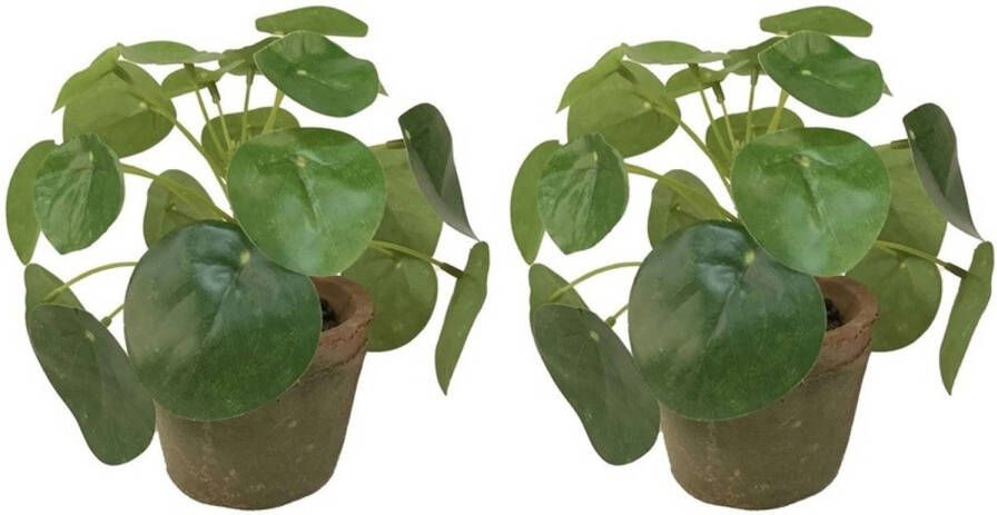 Merkloos 2x Groene kunstplanten pilea planten in pot 13 cm Kunstplanten