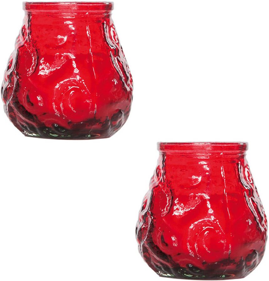 Cosy and Trendy 2x Rode tafelkaarsen in glazen houders 7 cm brandduur 17 uur Waxinelichtjes