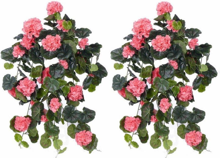 Shoppartners 2x Roze geranium kunstplant hangplanten 70 cm Kunstplanten