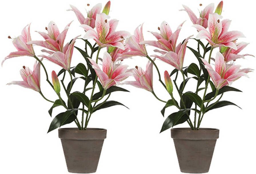 Shoppartners 2x Roze Tigerlily tijgerlelie kunstplanten 47 cm in pot Kunstplanten