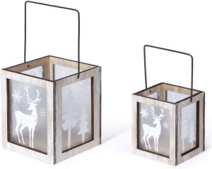 Shoppartners 2x sets van 2x stuks kerst lantaarns windlichten met rendieren print 8 5 en 11 cm Kerstbeeldjes
