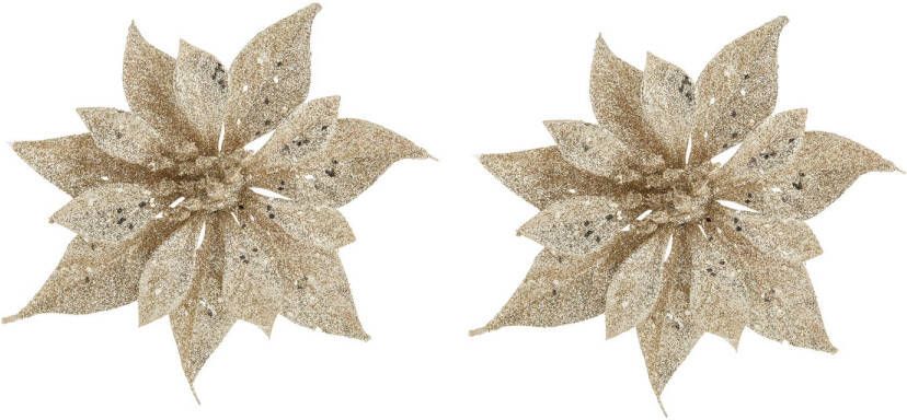 Cosy & Trendy 2x stuks decoratie bloemen roos champagne glitter op clip 10 cm Kunstbloemen