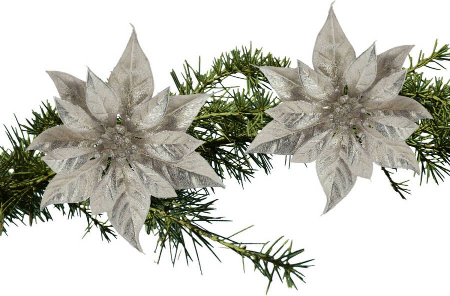 Cosy and Trendy 2x stuks kerstboom bloemen kerstster champagne glitter op clip 18 cm Kunstbloemen