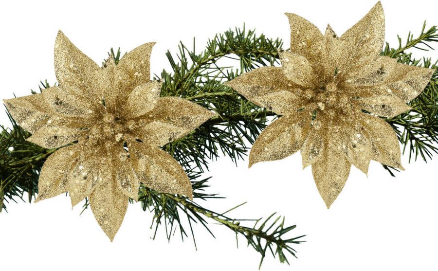 Cosy and Trendy 2x stuks kerstboom bloemen kerstster goud glitter op clip 15 cm Kunstbloemen