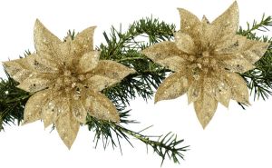 Shoppartners 2x stuks kerstboom bloemen kerstster goud glitter op clip 15 cm Kunstbloemen