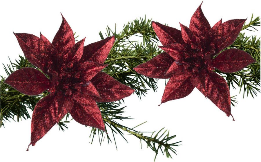 Cosy and Trendy 2x stuks kerstboom bloemen kerstster rood glitter op clip 15 cm Kunstbloemen