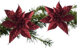 Shoppartners 2x stuks kerstboom bloemen kerstster rood glitter op clip 15 cm Kunstbloemen