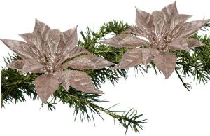 Shoppartners 2x Stuks Kerstboom Bloemen Kerstster Roze Glitter Op Clip 18 Cm Kunstbloemen