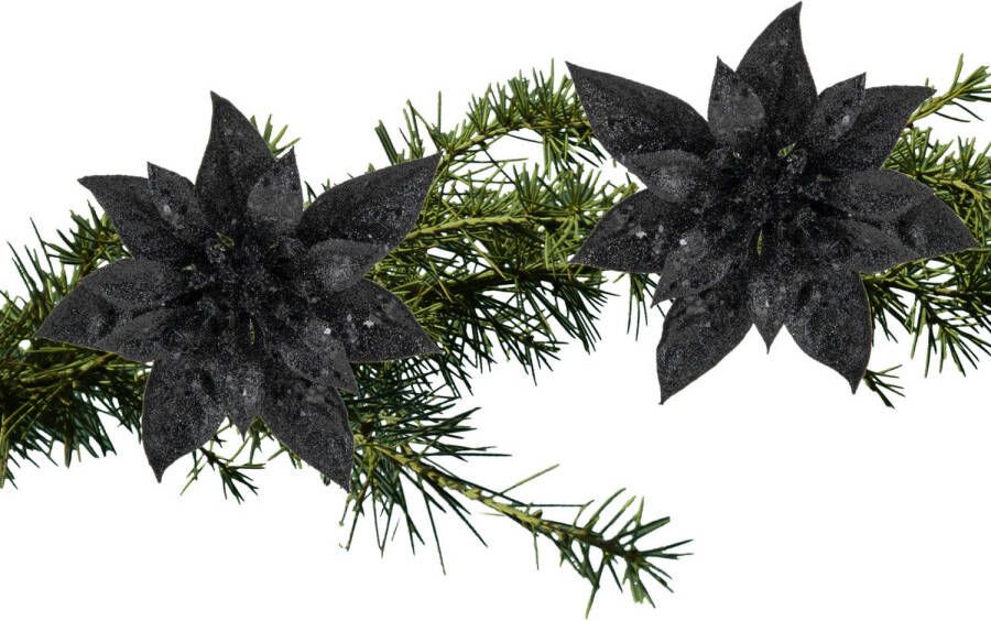 Cosy & Trendy 2x stuks kerstboom bloemen kerstster zwart glitter op clip 15 cm Kersthangers