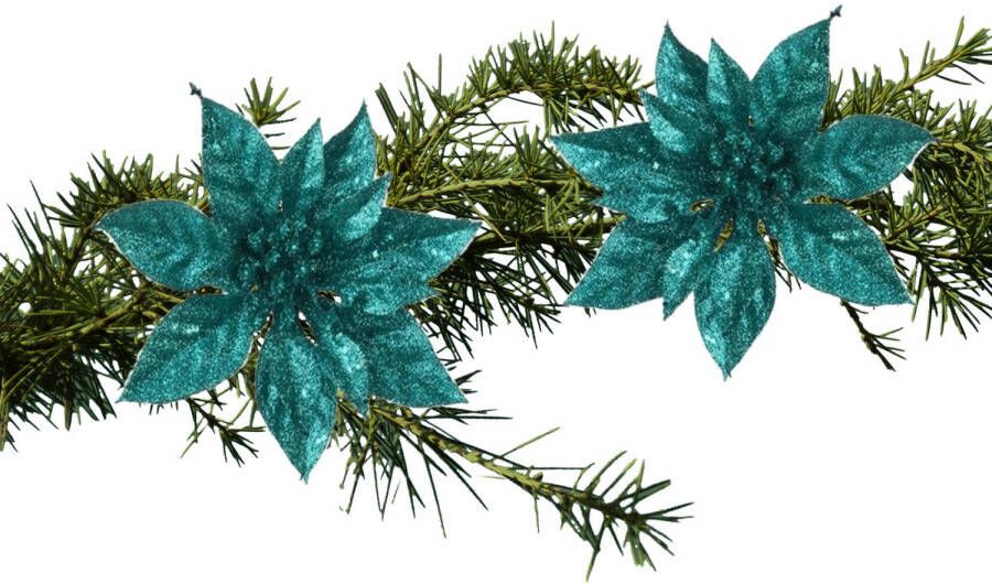 Cosy and Trendy 2x stuks kerstboom bloemen op clip emerald groen glitter 15 cm Kunstbloemen