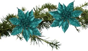Shoppartners 2x Stuks Kerstboom Bloemen Op Clip Emerald Groen Glitter 15 Cm Kunstbloemen