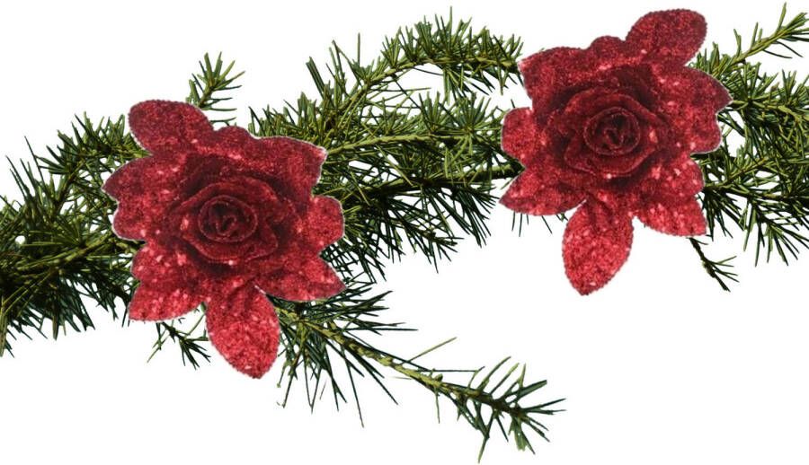 Cosy and Trendy 2x stuks kerstboom bloemen op clip rode glitter roos 15 cm Kunstbloemen