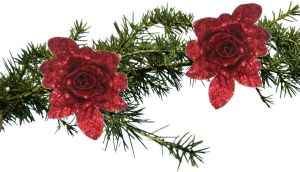 Shoppartners 2x Stuks Kerstboom Bloemen Op Clip Rode Glitter Roos 15 Cm Kunstbloemen