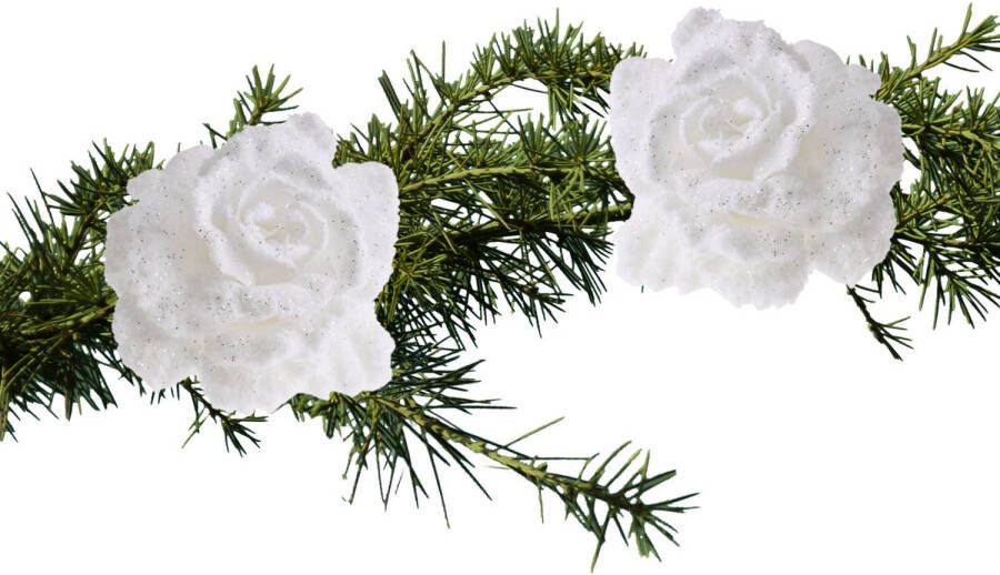 Cosy and Trendy 2x stuks kerstboom bloemen op clip wit en besneeuwd 10 cm Kunstbloemen