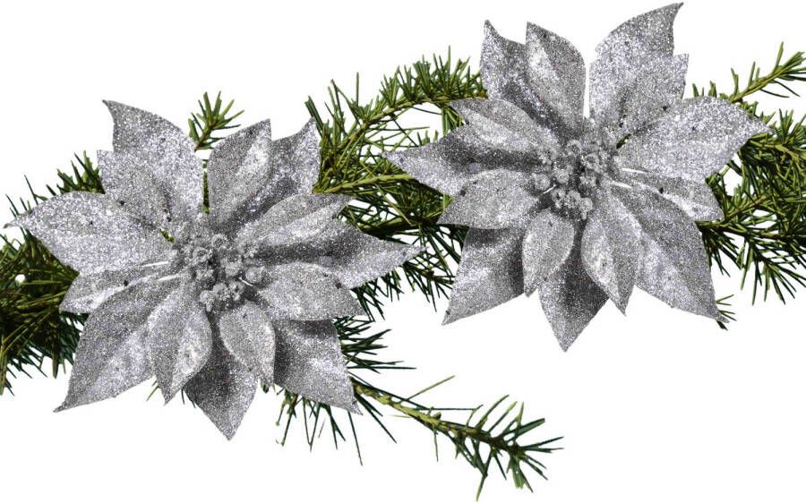 Cosy and Trendy 2x stuks kerstboom bloemen op clip zilveren kerstster 18 cm Kunstbloemen