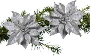 Shoppartners 2x Stuks Kerstboom Bloemen Op Clip Zilveren Kerstster 18 Cm Kunstbloemen