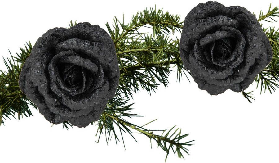 Cosy and Trendy 2x stuks kerstboom bloemen op clip zwart glitter 18 cm Kunstbloemen