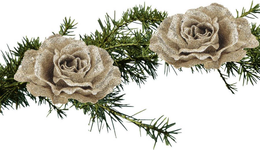 Cosy and Trendy 2x stuks kerstboom bloemen roos champagne glitter op clip 10 cm Kunstbloemen
