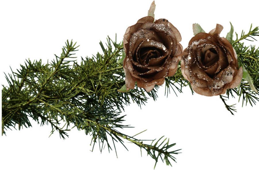 Cosy and Trendy 2x stuks kerstboom bloemen roos goud bruin glitter op clip 10 cm. Kunstbloemen