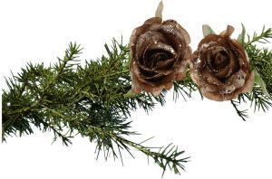 Shoppartners 2x Stuks Kerstboom Bloemen Roos Goud Bruin Glitter Op Clip 10 Cm. Kunstbloemen
