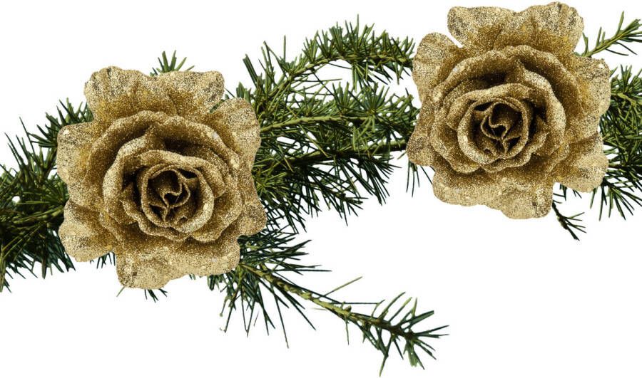 Cosy & Trendy 2x stuks kerstboom bloemen roos goud glitter op clip 10 cm Kersthangers
