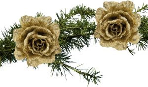 Shoppartners 2x Stuks Kerstboom Bloemen Roos Goud Glitter Op Clip 10 Cm Kunstbloemen
