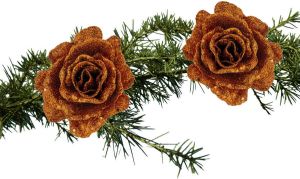 Shoppartners 2x Stuks Kerstboom Bloemen Roos Koper Glitter Op Clip 10 Cm Kunstbloemen