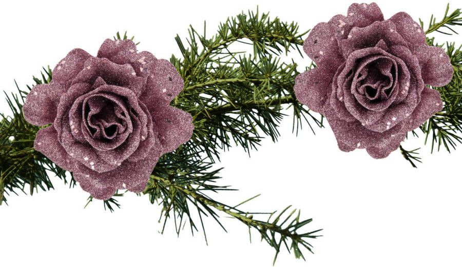 Cosy and Trendy 2x stuks kerstboom bloemen roos roze glitter op clip 10 cm Kunstbloemen