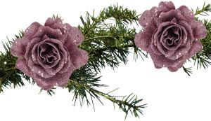 Shoppartners 2x Stuks Kerstboom Bloemen Roos Roze Glitter Op Clip 10 Cm Kunstbloemen