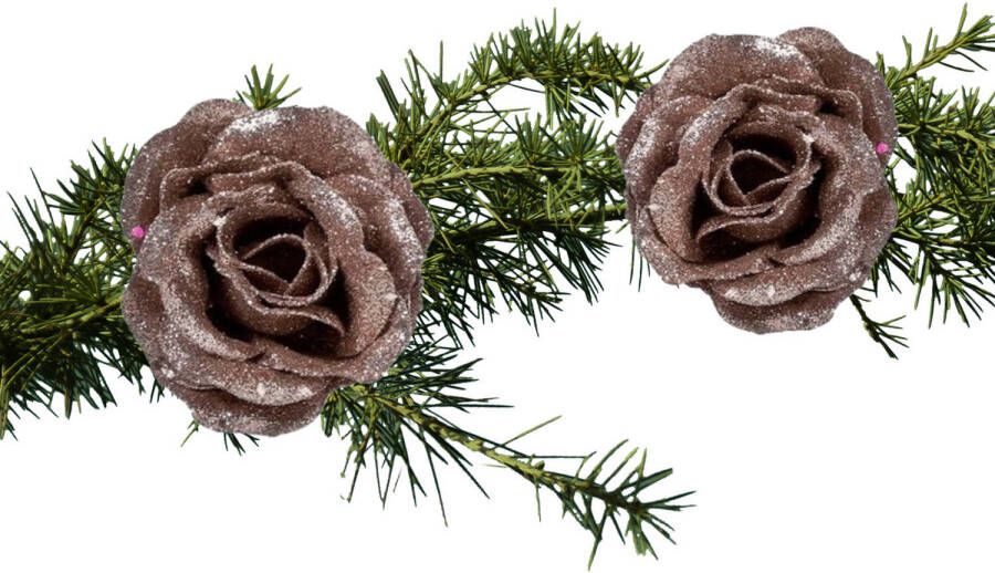 Cosy and Trendy 2x stuks kerstboom bloemen rozen op clip oudroze glitters 7 cm Kunstbloemen