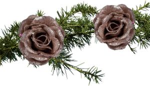Shoppartners 2x Stuks Kerstboom Bloemen rozen Op Clip Oudroze Glitters 7 Cm Kunstbloemen