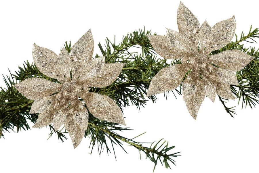 Cosy and Trendy 2x stuks kerstboom decoratie bloemen champagne glitter op clip 15 cm Kunstbloemen