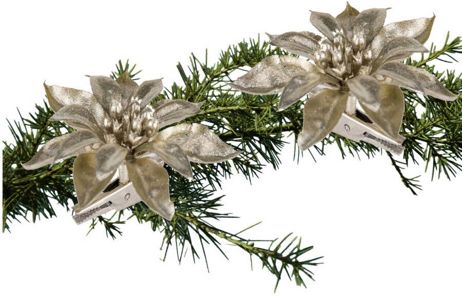 Cosy and Trendy 2x stuks kerstboom decoratie bloemen champagne glitter op clip 9 cm Kunstbloemen