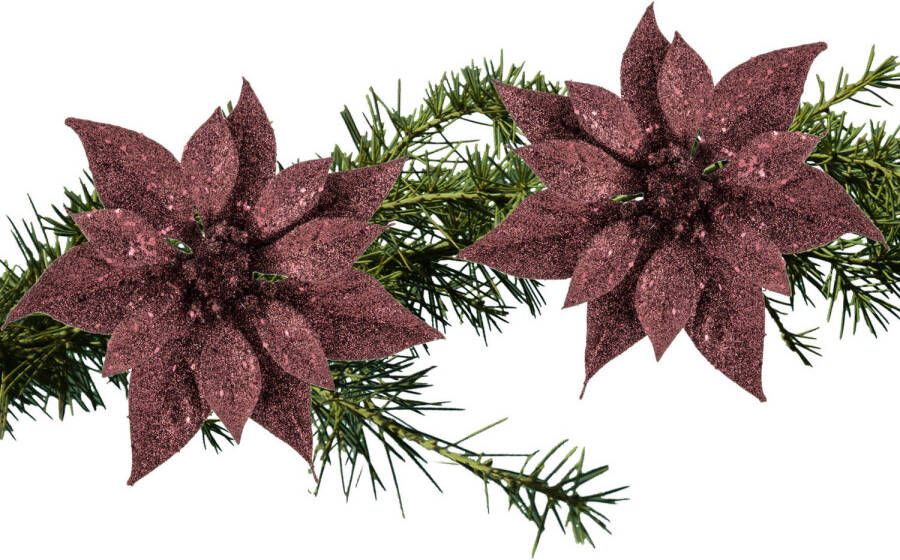 Cosy and Trendy 2x stuks kerstboom decoratie bloemen donkerrood glitter op clip 18 cm Kunstbloemen