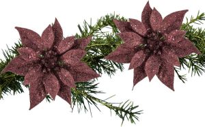 Shoppartners 2x stuks kerstboom decoratie bloemen donkerrood glitter op clip 18 cm Kunstbloemen